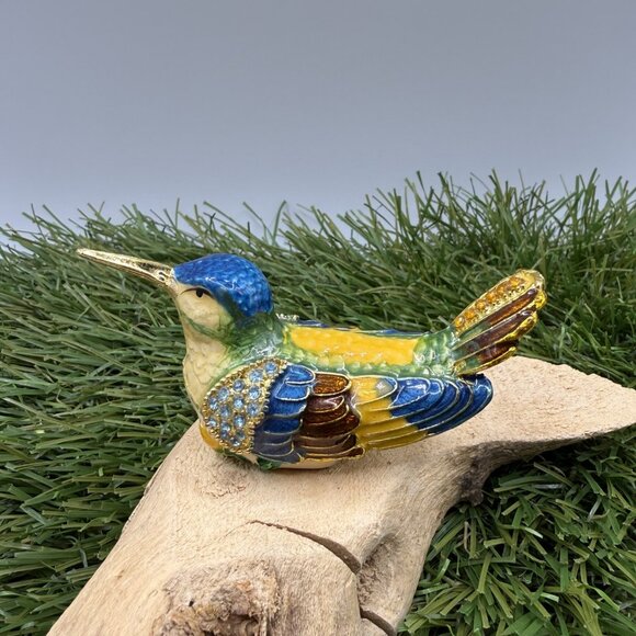 Humming Bird Enamel Rhinestone Trinket Box - Picture 1 of 8